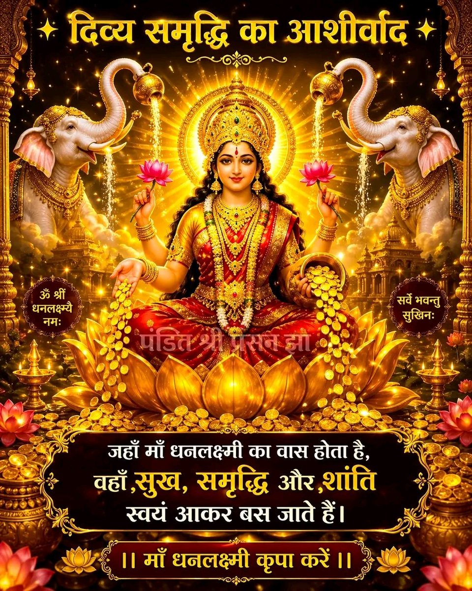 मातर्नमामि कमले पद्माऽऽयतसुलोचने ।
श्रीविष्णुहृत्कमलस्थे विश्वमातर्नमोऽस्तु ते ॥ 
ॐ श्रियै नम: ॐ श्री महालक्ष्म्यै नमः 🙏🏻🪔
 माता लक्ष्मी जी की कृपा सदैव आप एवं
 आपके परिवार पर बनी रहे।✨🙏🏻❤️
✨ शुभ शुक्रवार — जय मां लक्ष्मी 🙏🏻🌺✨