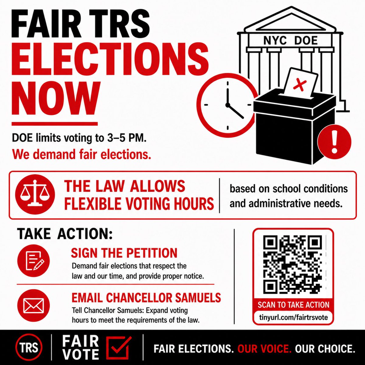 educatorsofnyc's tweet photo. NYC educators are being told TRS voting can ONLY happen from 3–5 PM.

But city code says voting hours can be adjusted based on school conditions and administrative needs.

Limited notice, access &amp; participation.

Let @DOEChancellor know, it’s not okay. 🖊️https://t.co/y476ref8zZ https://t.co/Fom05xCfFk