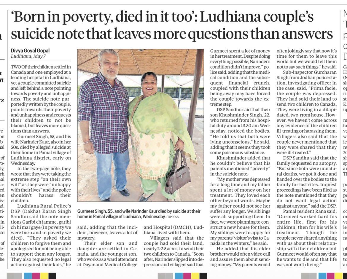 Two children settled in Canada, but an elderly couple from Ludhiana died by suicide and left a note that said: “Garibi ch jamme, garibi ch hi mar gaye (We were born in poverty, died too).” 

We speak to their youngest son who lived with them:

indianexpress.com/article/cities…
