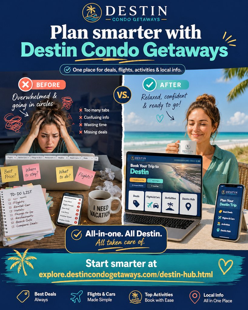 OzanCILI's tweet photo. Before = 😵‍💫
After my website = 😎🌴
If planning a Destin trip feels like too many tabs, too much searching, and too much guessing.
FIxed that.
Now you can check deals, flights, cars, activities, and local Destin info in one setup.
Start here 👇
https://t.co/YD03PbUXPO  https://t.co/Dmhos39RQ7