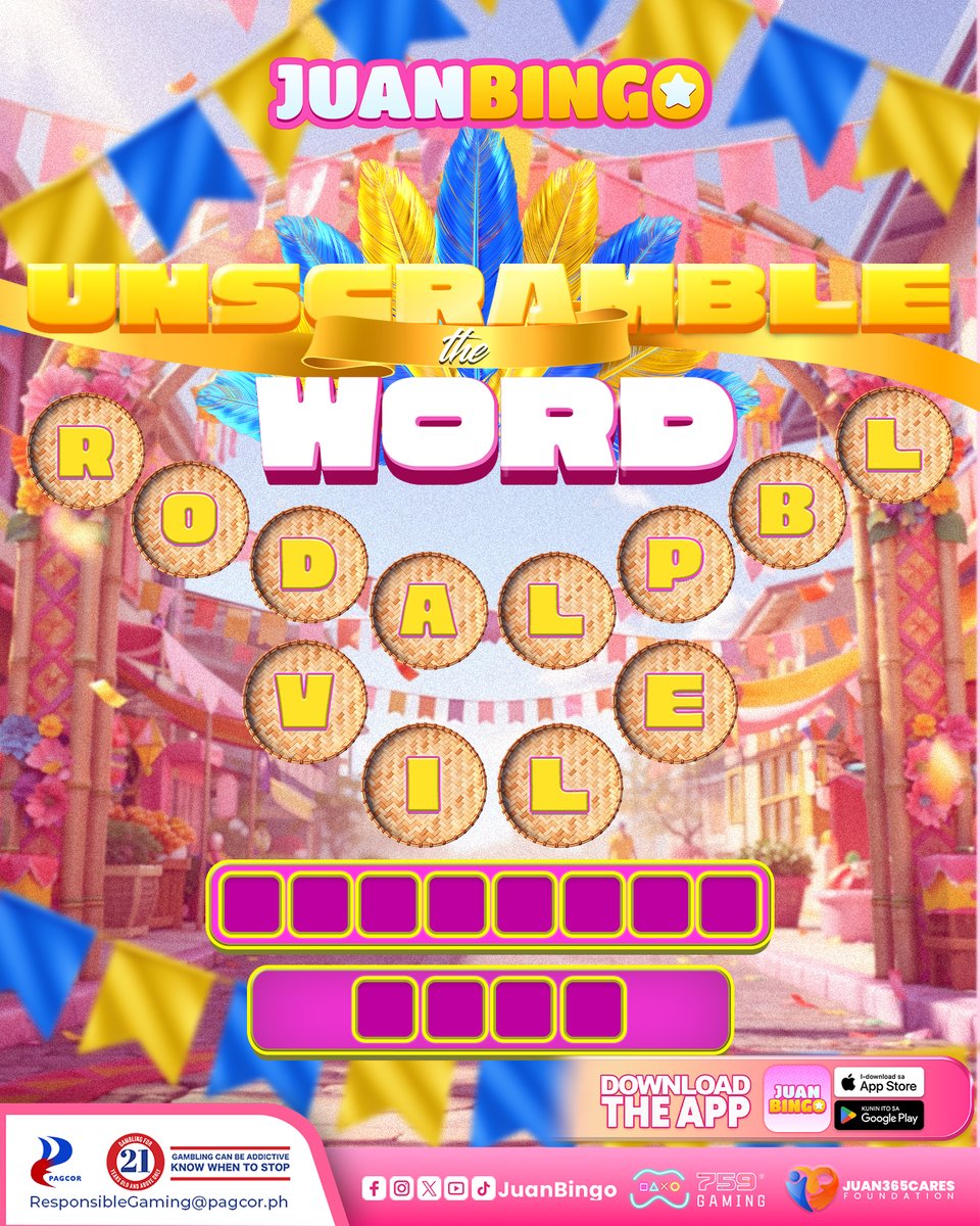 JuanBingoPH's tweet photo. Ayusin ang letters at 𝗛𝗨𝗟𝗔𝗔𝗡 ang tamang word. Kaya mo ba?
#JuanBingo #BingoJuanNgBayan #UnscrambleTheWords #QuickGame https://t.co/WDiqjIVpuM