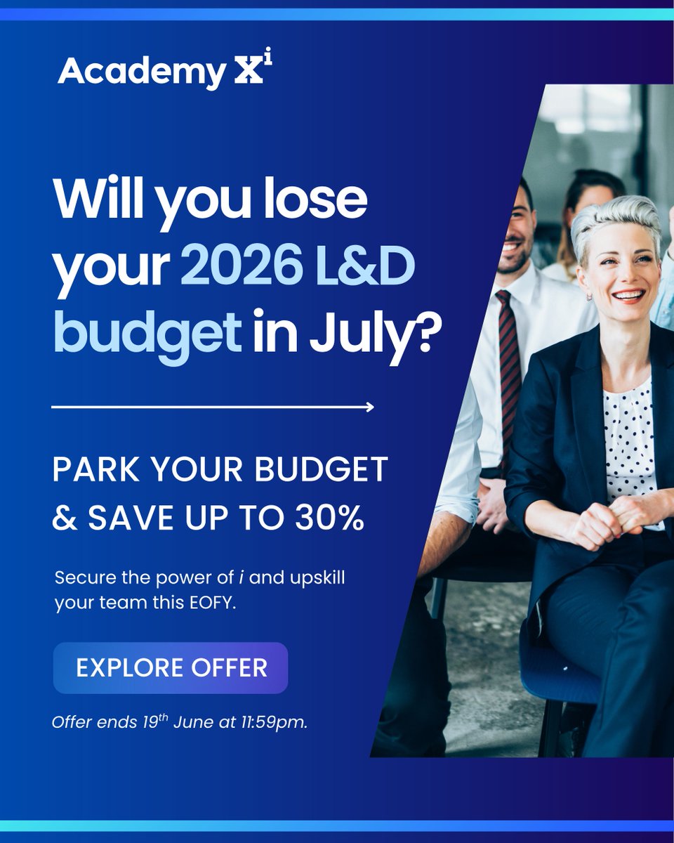 academyxi's tweet photo. FY26 training budget sitting idle? 

Turn it into momentum with 30% off team training in AI, data, design &amp; business this EOFY. 🌟

✔ Secure now, deliver later 
✔ Practical, industry-led learning

Don’t let it expire unused. Ends 19 June 11:59pm.

👉 https://t.co/JVfifoVNvU https://t.co/JlZxAkBCw0