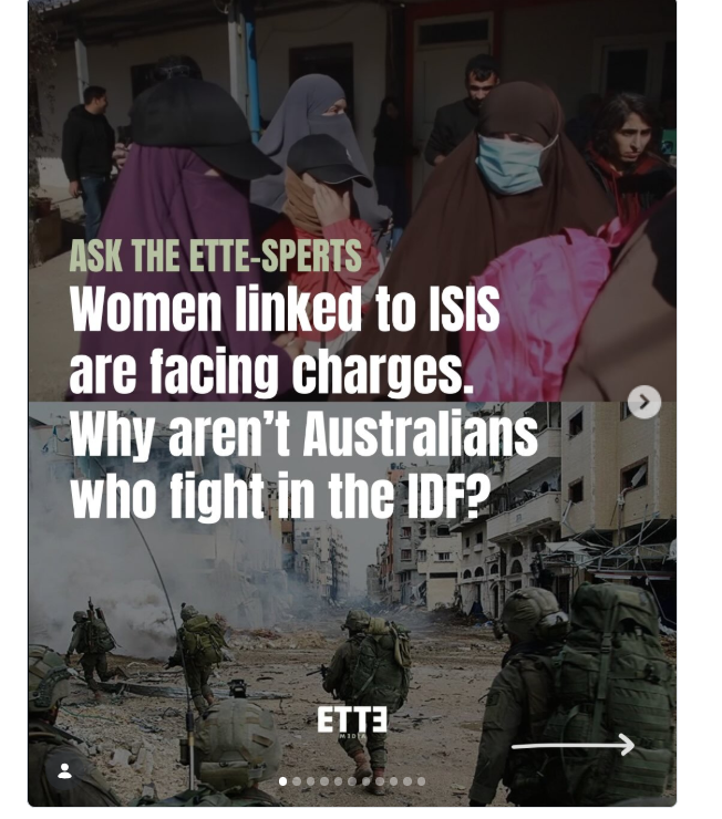 JJKALE2's tweet photo. https://t.co/15mvo4Mszd:

"Why are Australians who fight in the IDF free to enter the country with almost no scrutiny after possibly committing war crimes, when the women who married ISIS members and travelled to Syria face arrest once the plane touches down?" https://t.co/uaubK5djyH