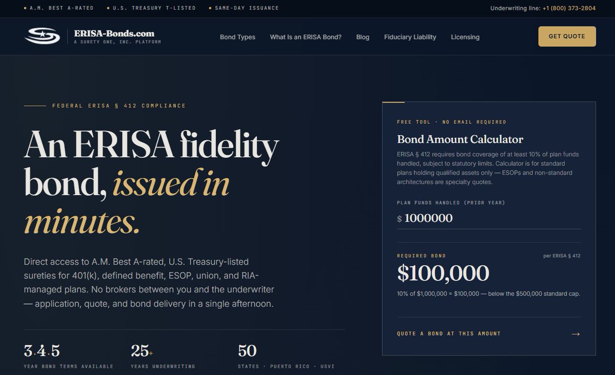 🚨 New launch: erisa-bonds.com Plan sponsors, TPAs, fiduciaries &amp; employers can now apply online for ERISA fidelity bonds in minutes through our new fully interactive platform.  Fast. Simple. Nationwide.  #ERISA #401k #FidelityBond #TPA #EmployeeBenefits #Compliance