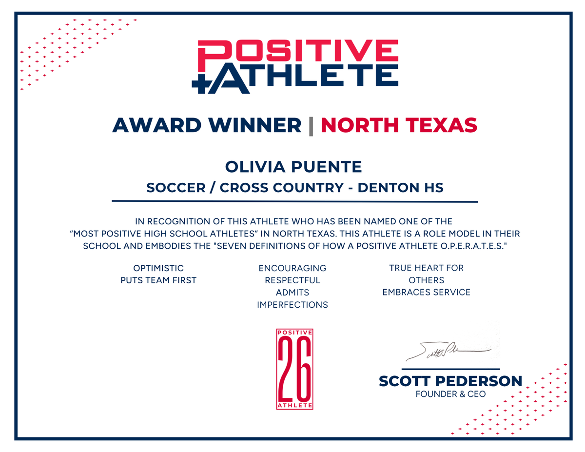 PuenteOlivia09's tweet photo. I am honored to be selected by @positiveath as a 2026 Positive Athlete in North Texas Award Winner and appreciate this recognition.

@sports_drc @JohnFields0 @dentonsoccer @ihss_dfw
 @GMsportsmedia1   @DFW_Girls_HS_VS @DfwSho @SportsDayHS @dfwvarsity @SportsDayHS https://t.co/f6j6D8oCcG
