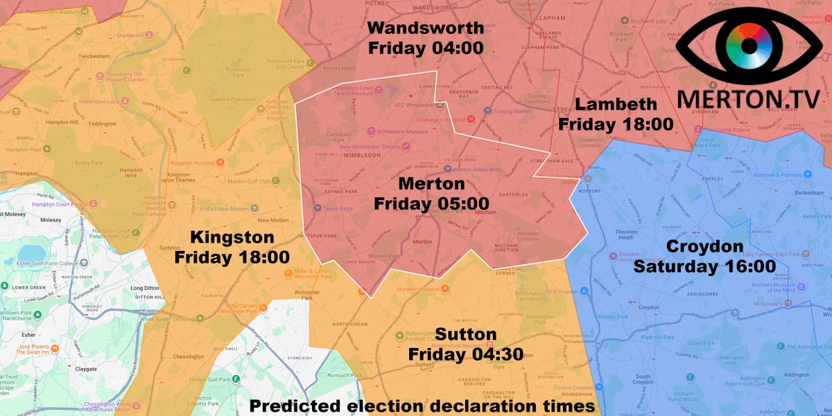 MertonTV's tweet photo. Predicted election declaration time for @Merton_Council  and neighbouring councils

Sutton - Friday 04:30
Wandsworth - Friday 04:00
Merton - Friday 05:00
Kingston - Friday 18:00
Lambeth - Friday 18:00
Croydon - Saturday 16:00 https://t.co/e4mv8KqvzC