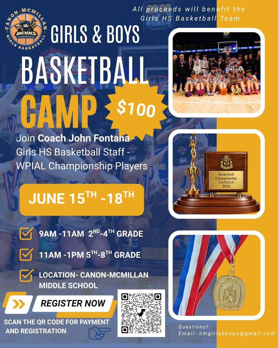 CMGirlsHoops's tweet photo. Canon-McMillan Girls &amp; Boys Basketball Summer Camp is here!  Register with the QR code below or click the following link. https://t.co/m7oqJoBwbc  Please Share! https://t.co/HdQOoMpHQq