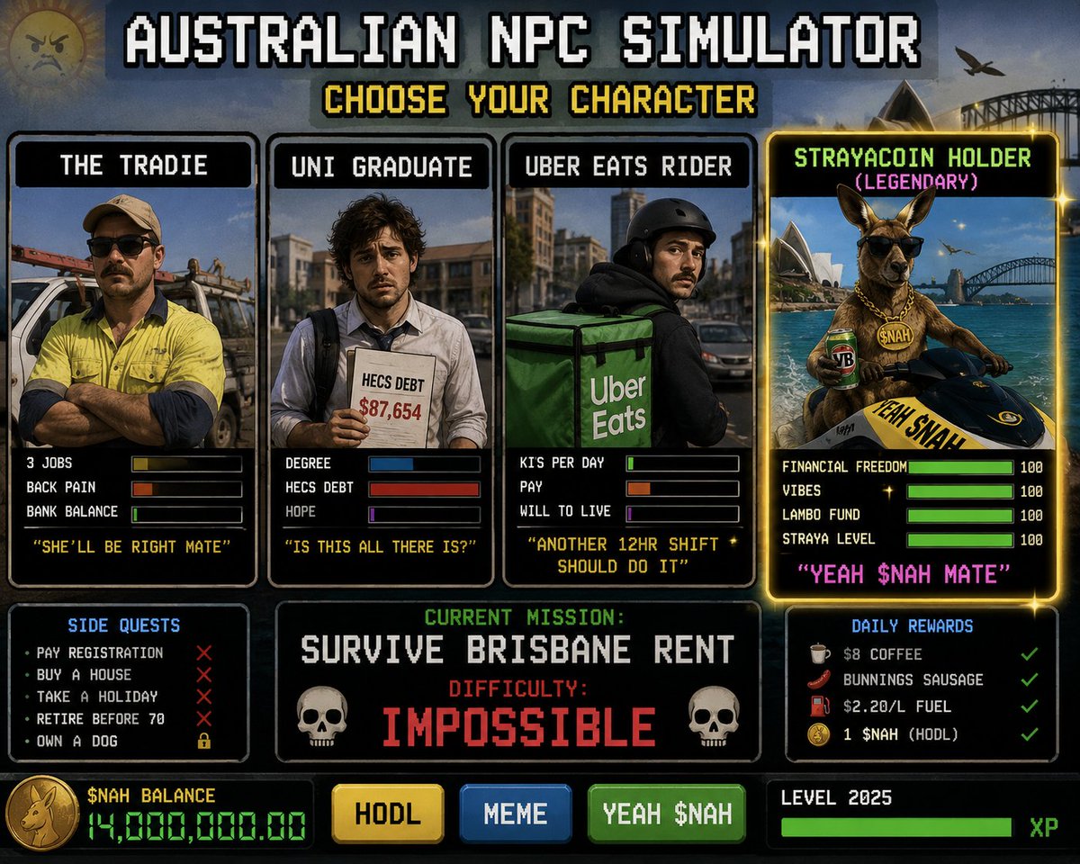 Strayacoin's tweet photo. Australian NPC Simulator

choose your character:

🔨 tradie with back pain

🎓 uni grad with debt

🛵 uber eats rider

🦘 strayacoin holder

difficulty: survive Brisbane rent

#strayacoin #yeahnah @ClareONeilMP
@AlboMP
@SenatorWong https://t.co/wTNdKkURad