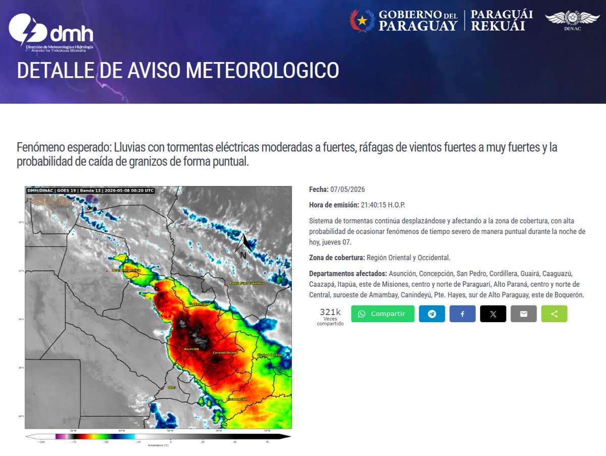 Aviso Meteorológico N°: 632/2026 Emitido. 
Enlace: meteorologia.gov.py/avisos/
Fecha: 07/05/2026 
Hora: 21:40 h