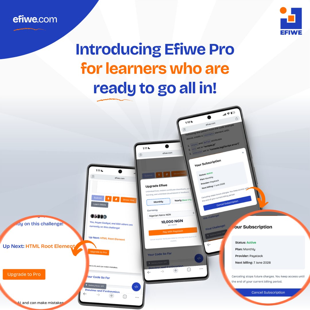 WithEfiwe's tweet photo. Today, Efiwe Pro is live!

The platform stays free for everyone. But for learners who are ready to go all in, we've removed every limit.

✅ Ads gone
✅ Unlimited cloud-based AI feedback
✅ Certificates included
✅ Infinite lives

Efiwe Pro is not a wall. It's a ceiling removed. https://t.co/5vuTR6Nu8s