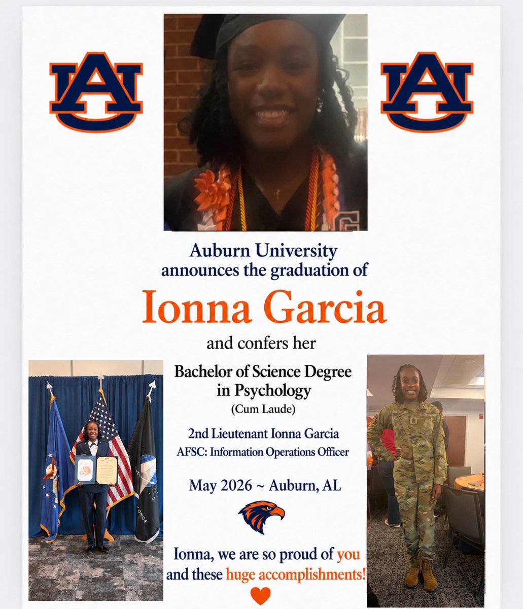 Precia23's tweet photo. Congratulations Ionna! War Eagle! Achieve the Creed! Proud parent moment 👏🏾 https://t.co/JKkEU8m5pd