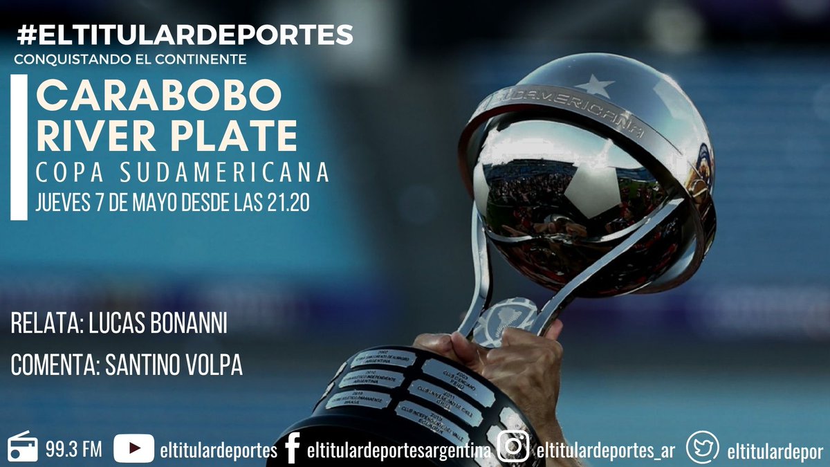 Hoy hay Copa Sudamericana

#Carabobo vs. #RiverPlate
📻 99.3 FM
🖥️ lapoderosadigital.com.ar
📱Youtube.com/eltitulardepor…