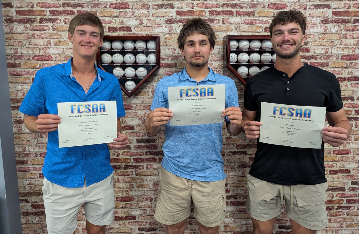 SCFBaseball's tweet photo. Congratulations to three MANATEES recognized tonight @TheFCSAA D1 Baseball Banquet hosted by the @Yankees at Steinbrenner Field in Tampa.  Dominic Woodward, Lochlan Radloff &amp; Ryan Kaitz all received 2nd team FCSAA ALL-STATE. @SCFManatees #TEES https://t.co/uaey2biAdY