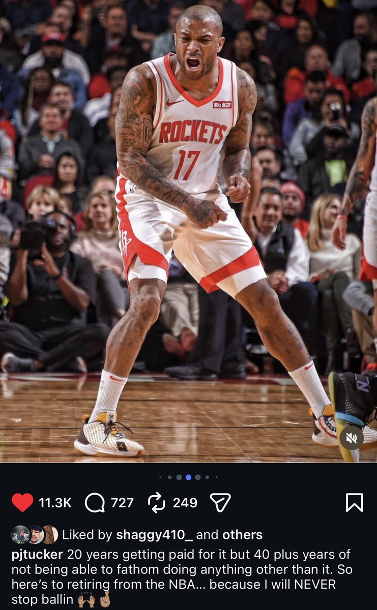Rockets LEGEND PJ Tucker announces his retirement on Instagram:

“20 years getting paid for it but 40 plus years of not being able to fathom doing anything other than it. So here’s to retiring from the NBA… because I will NEVER stop ballin 🙌🏽🤞🏽”

Enjoy retirement, legend.