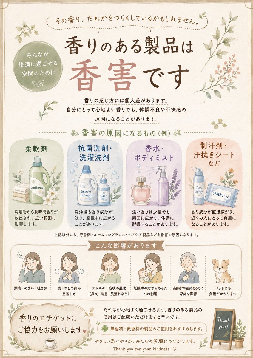 柔軟剤、抗菌洗剤、香水だけでなく
これからの時期に使用頻度があがる
汗拭きシートや制汗スプレーの香り付きは臭いです😭
具合が悪くなり我慢している方がきっと周りにいます

無香料に変更してくれた方ありがとう☆
変更しようと思ってくれた方ありがとう😊

#香害は公害