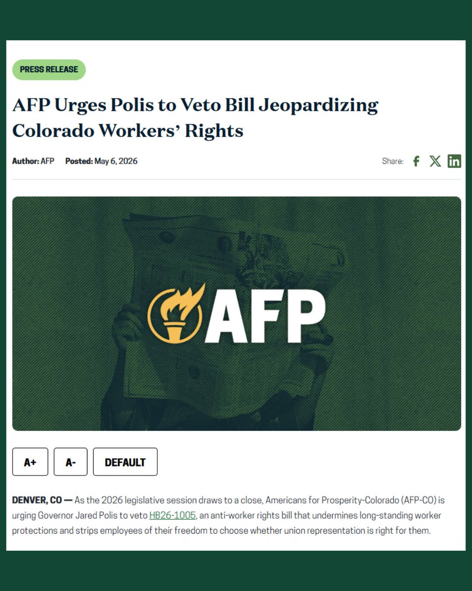AFPColorado's tweet photo. "AFP-CO urges Governor Polis to prioritize Colorado worker rights over union special interests by vetoing HB26-1005." - Brittany Trujillo, AFP-CO Deputy State Director

Full press release⬇️ https://t.co/uDuq5XvRl5