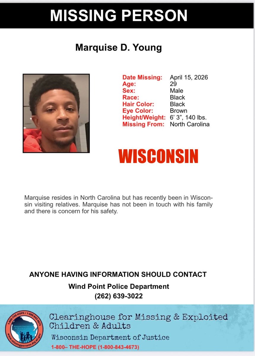 Ohio1ShyGirl's tweet photo. #WISCONSIN   #MarquiseDYoung, 29  #MissingAdult   ‼️PLEASE SHARE‼️ #MissingPerson  #MissingPeople  ☎️Wind Point Police Department
(262) 639-3022   https://t.co/yjtEQ7WLN8 https://t.co/DPDekouRPh