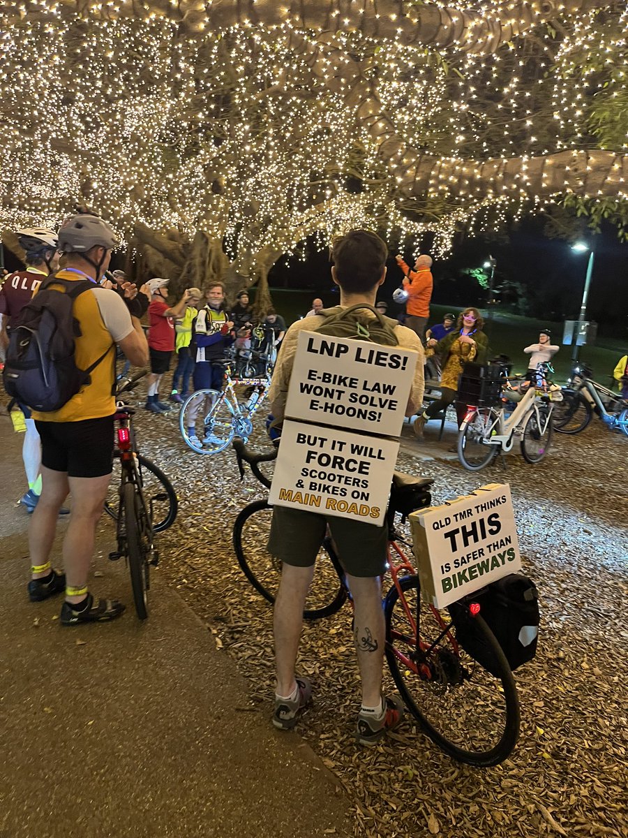 space4cyclingbn's tweet photo. Thank you to everyone who came to the Critical Mass ride to save legal e-bikes last night. 

Queenslanders are  concerned about the damage to active transport from laws which discriminate against people who don't have a driver's license and set unrealistic speeds for shared paths https://t.co/Gsc1uywv1h