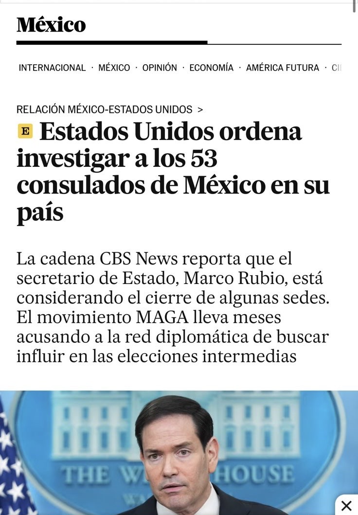 ¡LO ADVERTIMOS! Como lo dijimos en febrero de 2026, el uso político de la Red Consular iba a traer consecuencias. Hoy el gobierno de Estados Unidos ordenó investigar a los 53 consulados de México y analiza el cierre de algunas sedes, tras el anuncio firme y contundente del