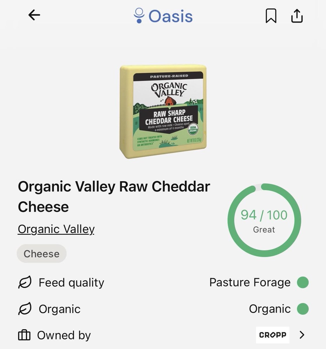 oasishealthapp's tweet photo. 90% of US cheese is made with a GMO enzyme grown in black mold, originally developed by Pfizer.

The source does not have to be disclosed, and hides as "enzymes," "microbial rennet," or "vegetable rennet" on the label.

To avoid it, look for:
- USDA Organic
- Non-GMO Project verified
- PDO European cheeses like Parmigiano-Reggiano, pecorino romano, gruyère, and manchego, which are legally required to use traditional animal rennet.

Use the Oasis app to find cheese made the old-fashioned way.