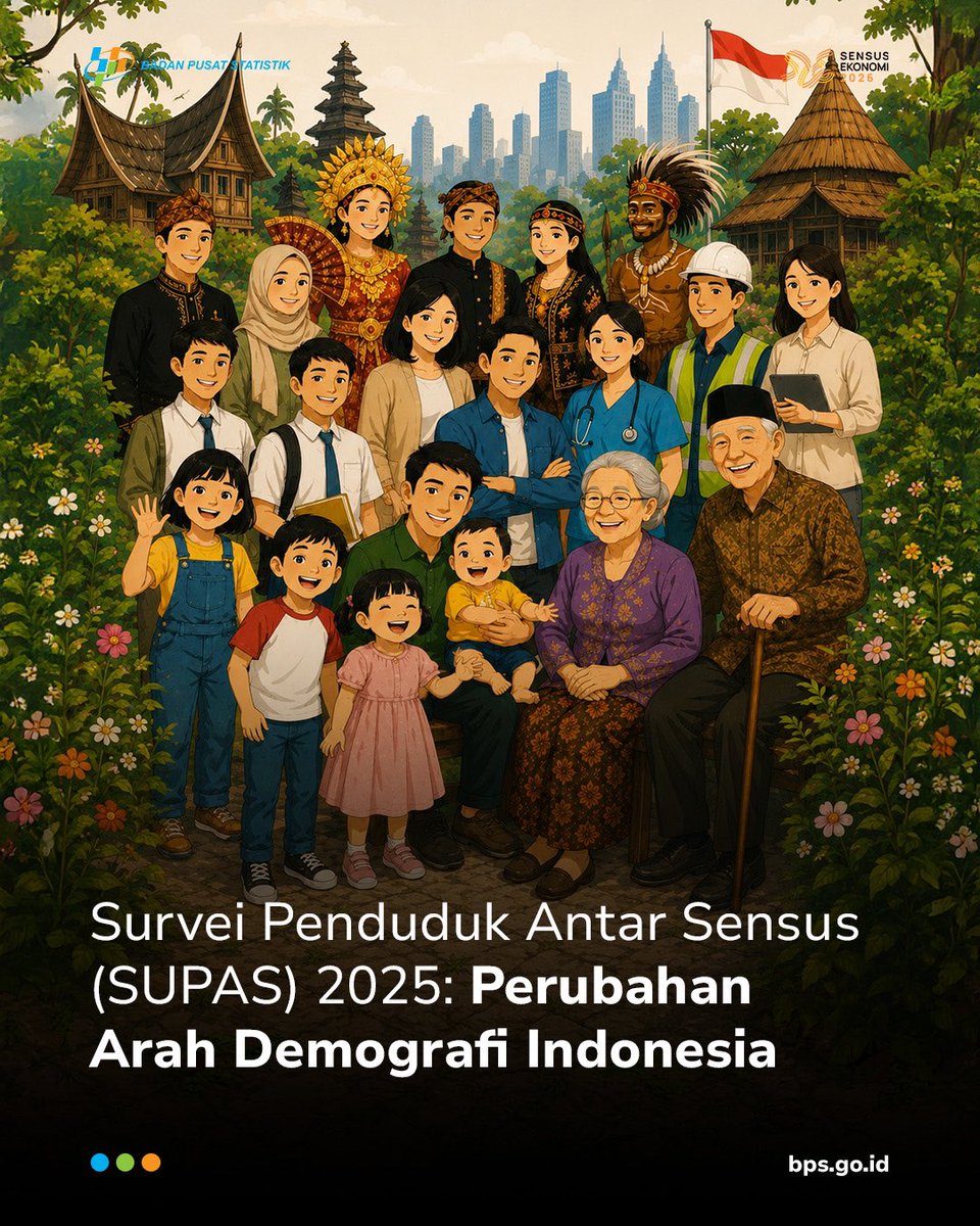 bps_statistics's tweet photo. Survei Penduduk Antar Sensus (SUPAS) 2025: Perubahan Arah Demografi Indonesia

Indonesia pada pertengahan tahun 2025 berisi 284,67 juta manusia. Lebih padat, lebih dewasa, lebih urban, dan lebih dinamis dibanding sebelumnya. https://t.co/667v6oci14