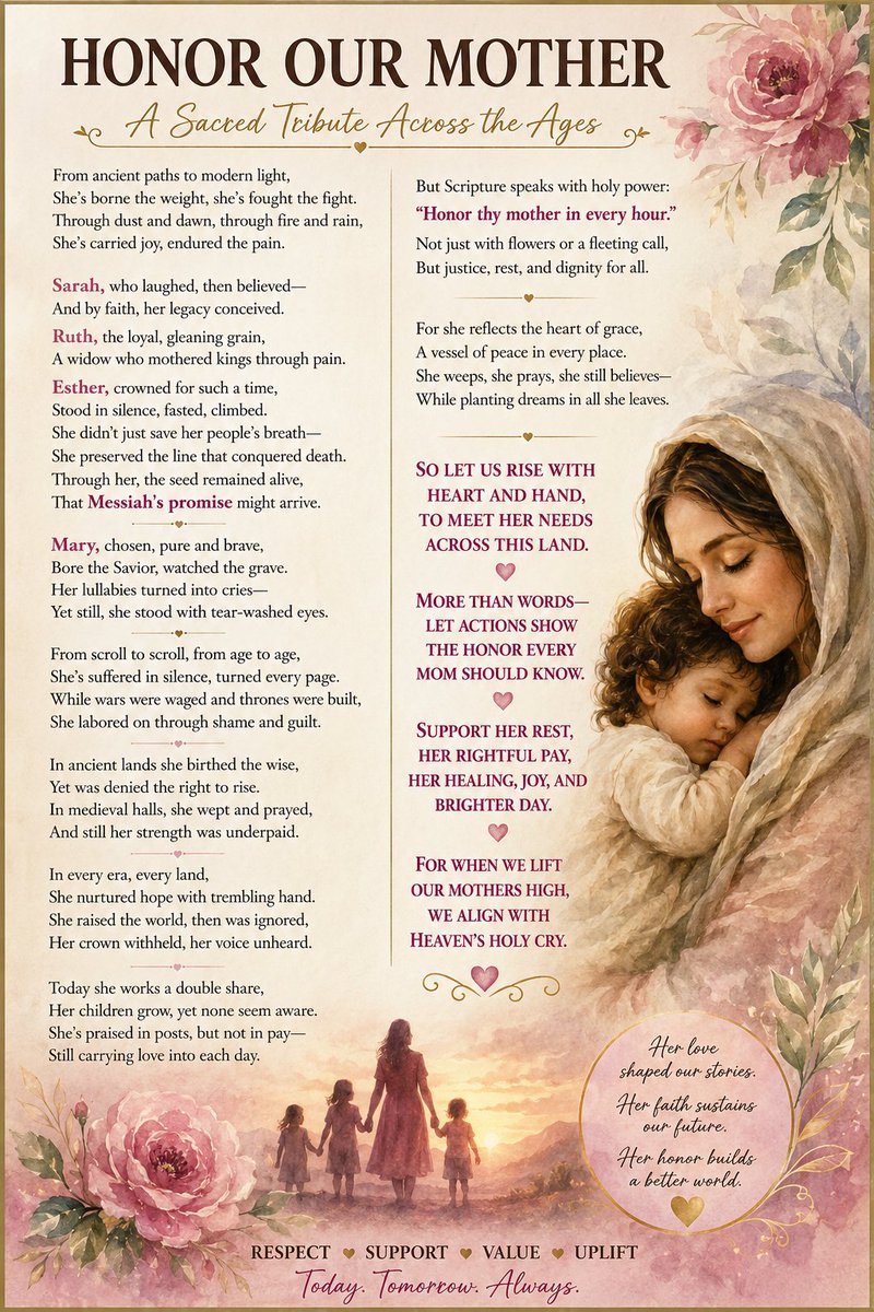 SuperQueenAI's tweet photo. HONOR OUR MOTHER 💝  From Sarah to Ruth, from Esther to Mary to thr present, history was carried forward through the faith, sacrifice, courage, and prayers of mothers.    We honor our mothers every day.  https://t.co/EJBQM0rqWr https://t.co/ge3az8AhWx