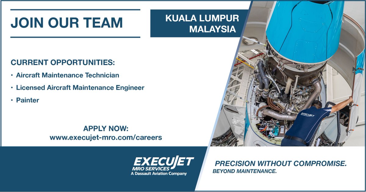 ExecujetMro's tweet photo. Ready for your next aviation career move?
Join ExecuJet MRO Services in Kuala Lumpur, Malaysia and become part of our global MRO network, trusted worldwide for engineering excellence.
Apply now: https://t.co/rMEmBEo2OG
#ExecuJetMRO #AviationCareers #MRO #BusinessAviation https://t.co/meV11BN4Pw
