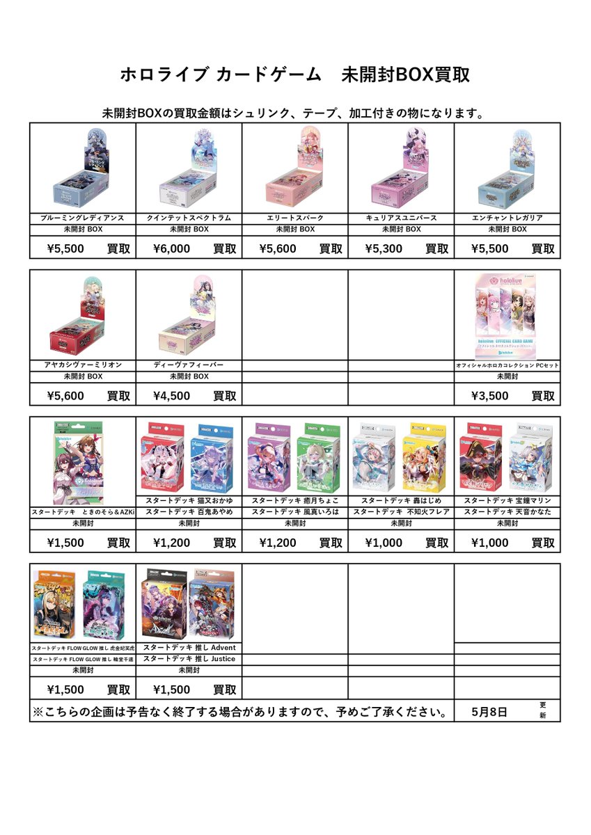 📌トレカ未開封BOX買取表更新 5/8② ————————————————— ※シュリンク未