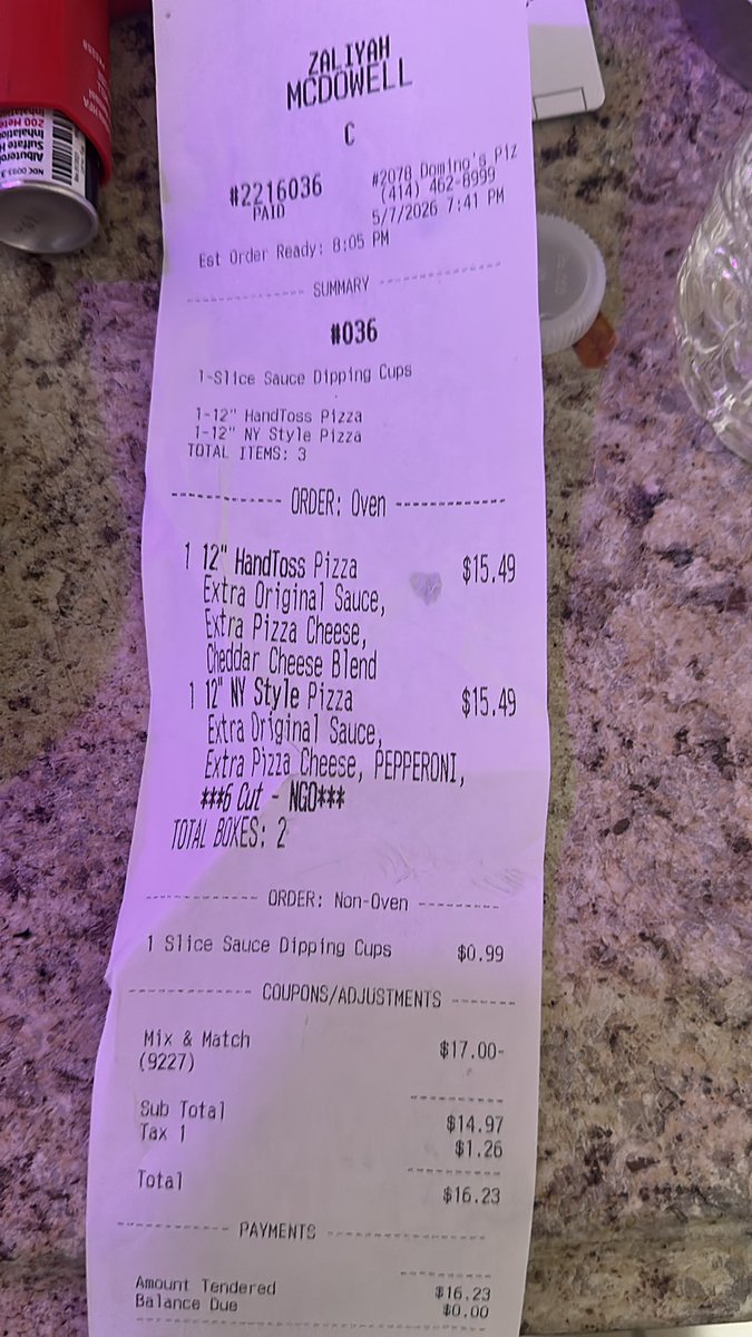 TooHarkless's tweet photo. @dominos my pepperoni pizza is not NY style, and no garlic butter crust. Order wasn’t ready as stated in app. Had to wait an extra 15 minutes. Staff was clearly upset with workload of multiple orders rolling in from delay. How can we come to some form of a resolve? https://t.co/PkrdB5vBFy