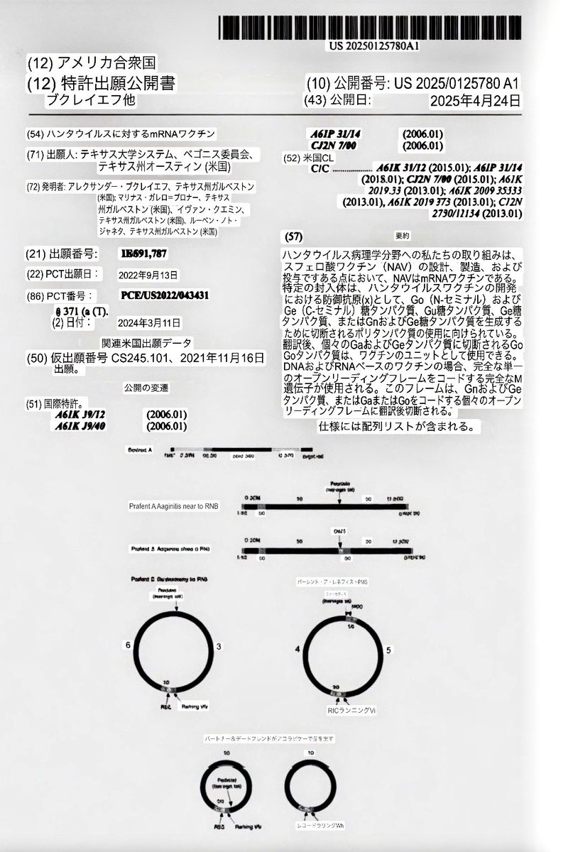 ハンタウイルスに対するmRNAワクチン⁉️
特許出願日
2021年11月16日🫩

既に治験済みってことよね？人体実験
ばら撒いてんじゃん