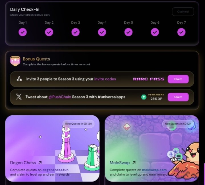 airdropadbae's tweet photo. [ @PushChain Season 3 lowkey showing where Web3 UX is heading
quests
social activity
reputation
rewards
all connected into one onchain user layer for #universalapps
The interesting part isnt the XP grind its how keeps building sticky user behavior before mass adoption arrives. https://t.co/JoGNyo74uv