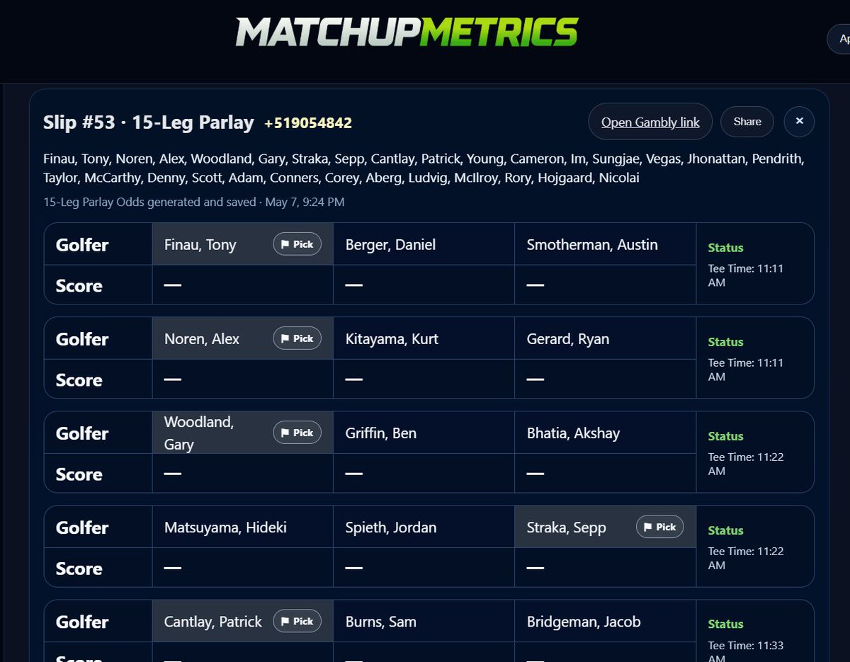 DomsTheB0MB's tweet photo. Going to test out the Live Bet Tracking on @Matchup_Metrics tomorrow so I will post updates for the slip throughout the round 👀⛳️ https://t.co/O17npIP4yY