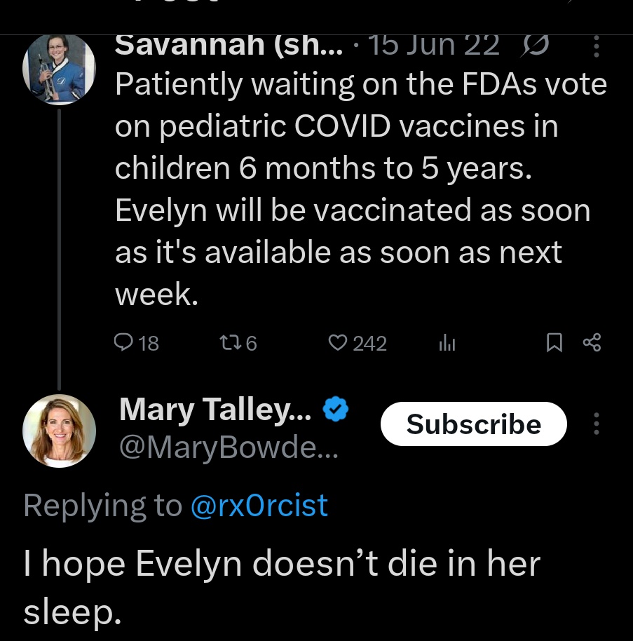 Faketriots's tweet photo. Ah, Mary Talley Bowden. Not a real doctor. 

The fake doctor selling ivermectin and wishes harm and death on people and their children. 

Remember that. https://t.co/kiQIE8x47p