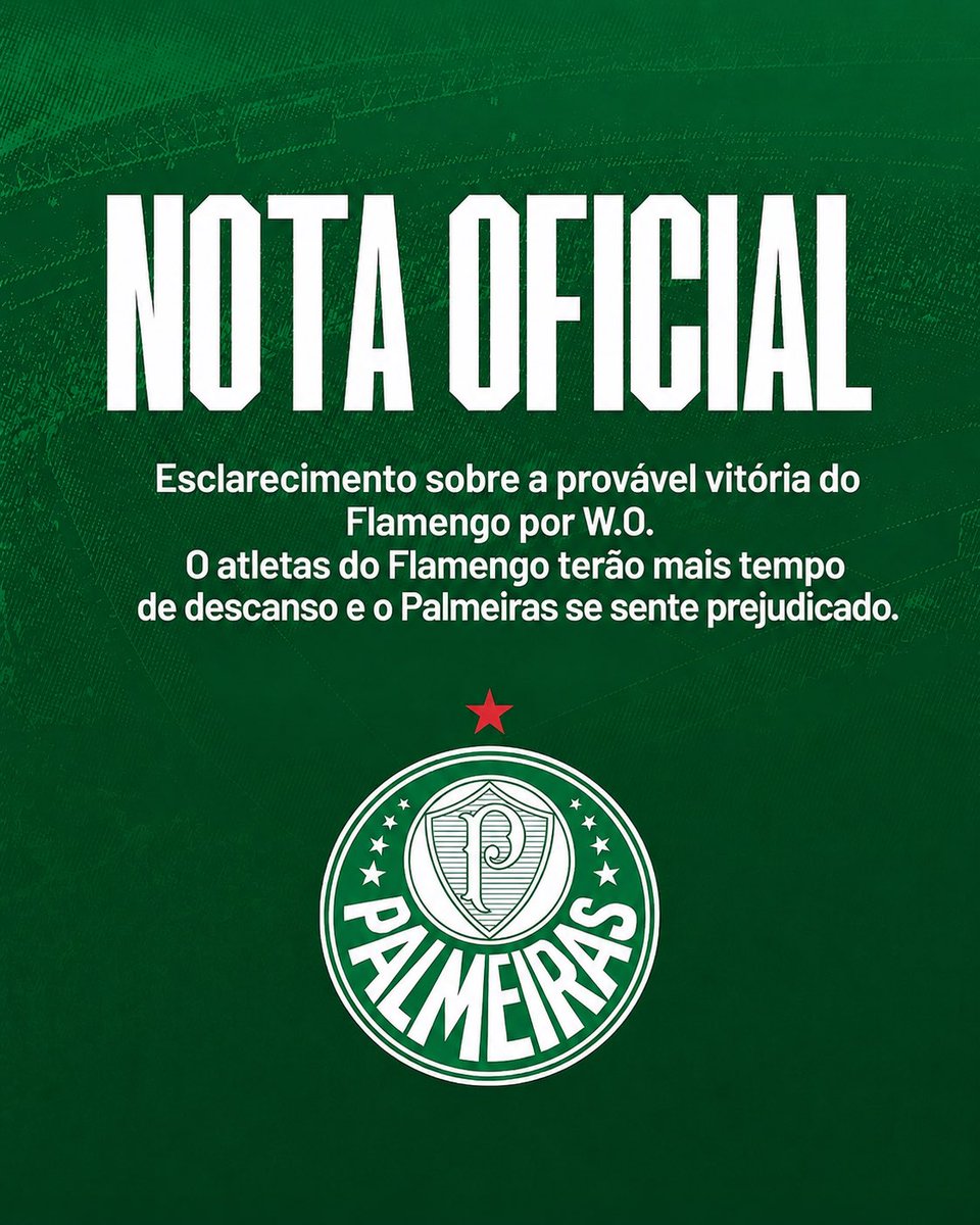 O Palmeiras acaba de emitir uma nota oficial sobre a provável vitória do Flamengo por W.O. diante do Independiente Medellín.