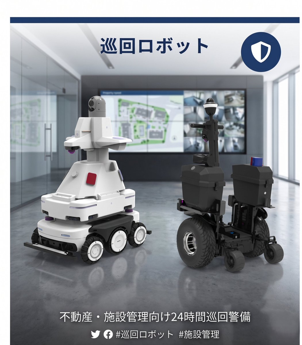 RobinX_AI's tweet photo. 巡回ロボット、登場。  不動産・施設管理に、24時間体制の自動警備を。
🔹 高精度自動巡回 ＆ 360度映像監視 
🔹 火災・ガス・浸水を即時検知 
🔹 ゲート／エレベーター連携で全館カバー 
🔹 自動充電で無人運用OK  人手不足時代の施設警備、AIにお任せください。  
#RobinX #巡回ロボット #施設管理DX https://t.co/qjqjNrRKgc