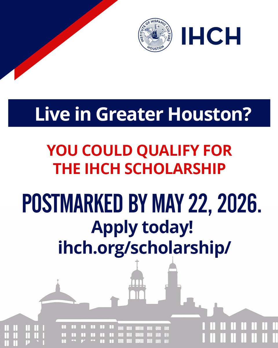 IHCHOUSTON's tweet photo. If you call Greater Houston home, you're already one step closer to applying for the IHCH Scholarship. 🎓

📅 Deadline: May 22, 2026
🔗 Learn more and apply: https://t.co/Ws82SecPs6 (or link in bio)

Share this with a student who lives in Houston! 💙 https://t.co/wggv2kOiHk