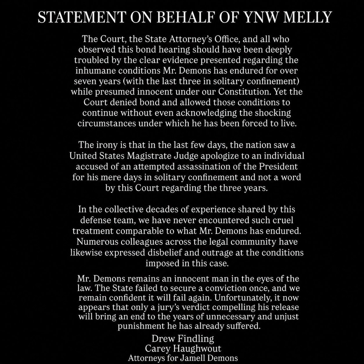 DrewFindling's tweet photo. STATEMENT ON BEHALF OF YNW MELLY https://t.co/7NnuUhDxKw