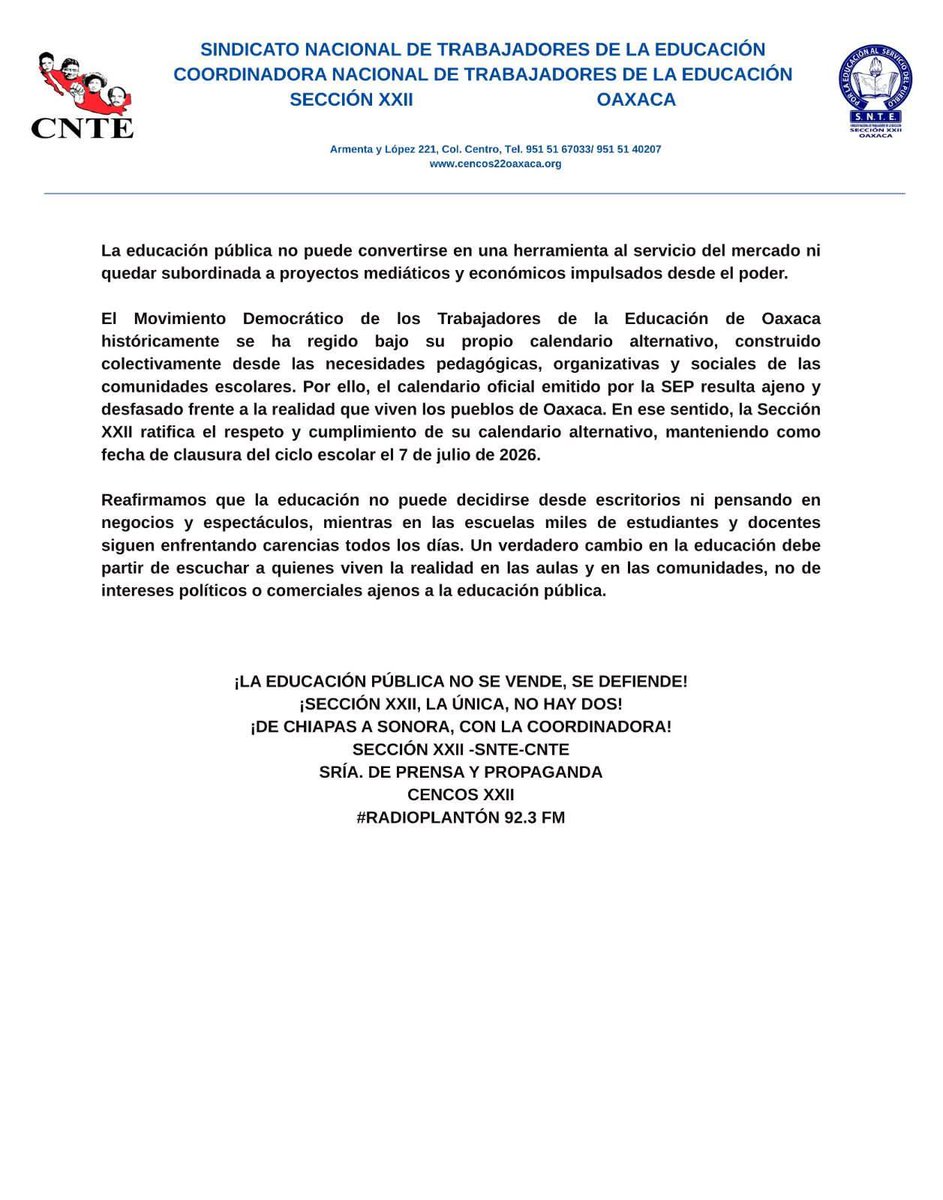 Pues, por lo pronto, la Sección XXII de la CNTE en Oaxaca rechazó el recorte del calendario escolar anunciado por Mario Delgado y continuarán hasta el 7 de julio.

Aseguran que la Educación no puede “estar sujeta a negocios y espectáculos”… 👇