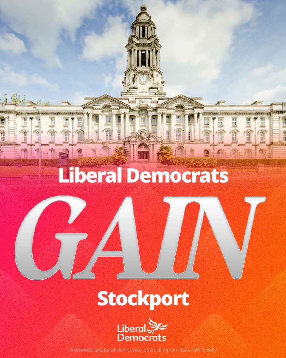 🎉 Liberal Democrats have GAINED control of Stockport Council.