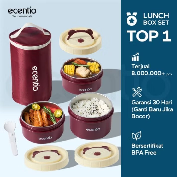 Uvely6's tweet photo. Bekal suami/anak sering tumpah di tas? Coba ini deh! 🍱🧸  
*Ecentio Lunch Box Set 3pcs + Tas* yang udah kejual 8 JUTA pcs! No. 1 Lunch Box Set di Shopee. Tutup beruang gemes, dalemnya stainless 304 food grade. Udah free tas + sendok juga.  
https://t.co/EUylOcaG39 https://t.co/PgOFF84BEP