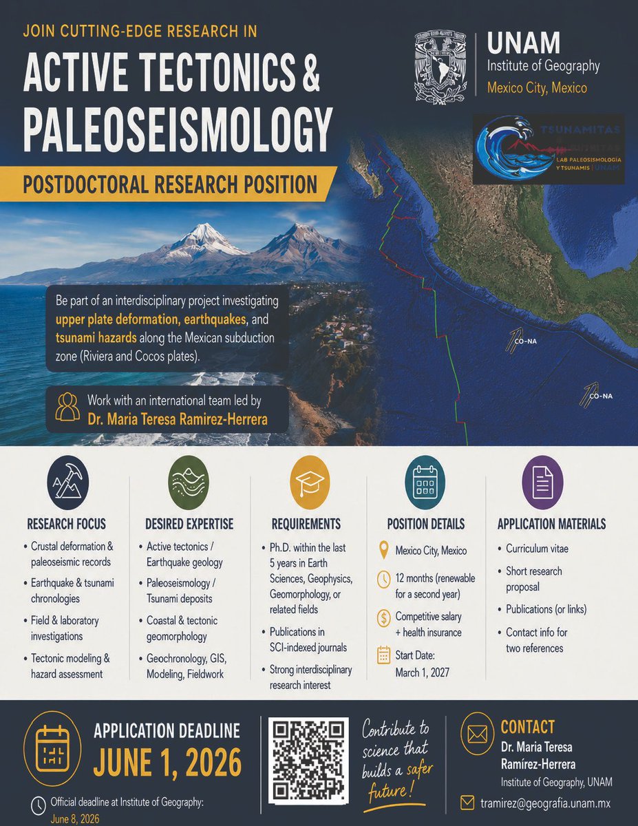 TeresaRamirezH's tweet photo. Dear all , Please share this ad on #PosdoctoralResearchPosition #ActiveTectonics #Paleoseismology #UNAM #Mexico  Deadline: June 1, 2026! @paleoseismology @k_gaidzik https://t.co/EHZNhzXn3s