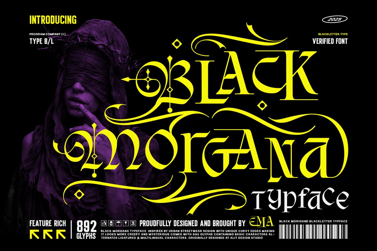 alitdesign's tweet photo. Black Morgana Typeface - Modern Gothic Streetwear
This typeface masterfully blends harsh, sharp angles with unique, sweeping, curvy edges, creating a look that is simultaneously aggressive and deeply elegant.

Link Download :
https://t.co/0WrR96Ra9J

#font #typeface #design https://t.co/934kMYwTwp