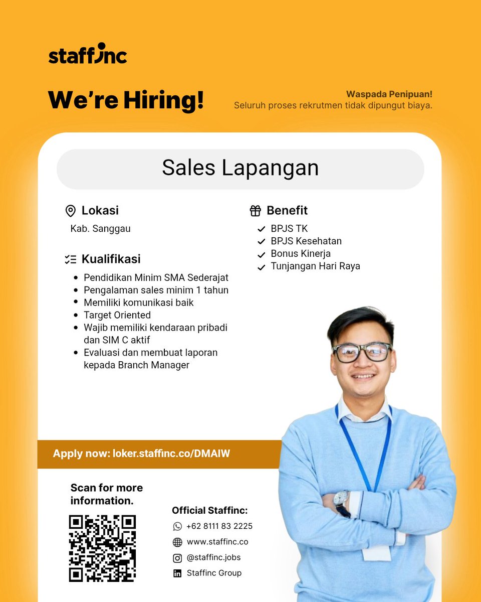 AMaula1908's tweet photo. Halo teman area Kalbar

Staffinc Group buka low untuk posisi Sales di Indosat Ooredoo Hutchison

📍 Lokasi:Kab. Sanggau
💼 Tipe Pekerjaan:Kontrak
🎁 Benefit:BPJS TK,BPJS Kesehatan,Bonus Kinerja,THR

Klik link
👉 https://t.co/rt8XCstyVx
 #lokerindosatooredoohutchison https://t.co/Rp6xAiV7W0