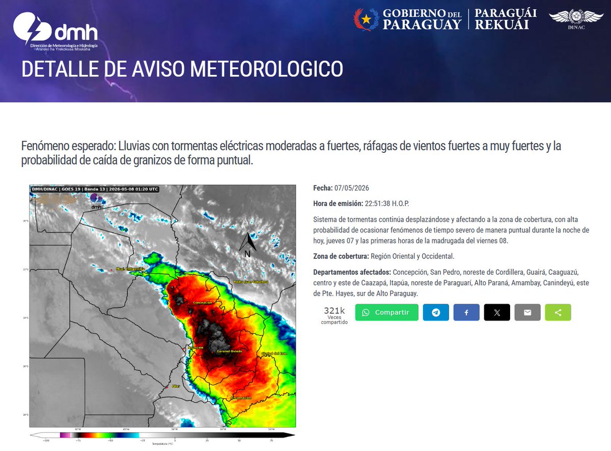 Aviso Meteorológico N°: 633/2026 Emitido. 
Enlace: meteorologia.gov.py/avisos/
Fecha: 07/05/2026 
Hora: 22:51 h