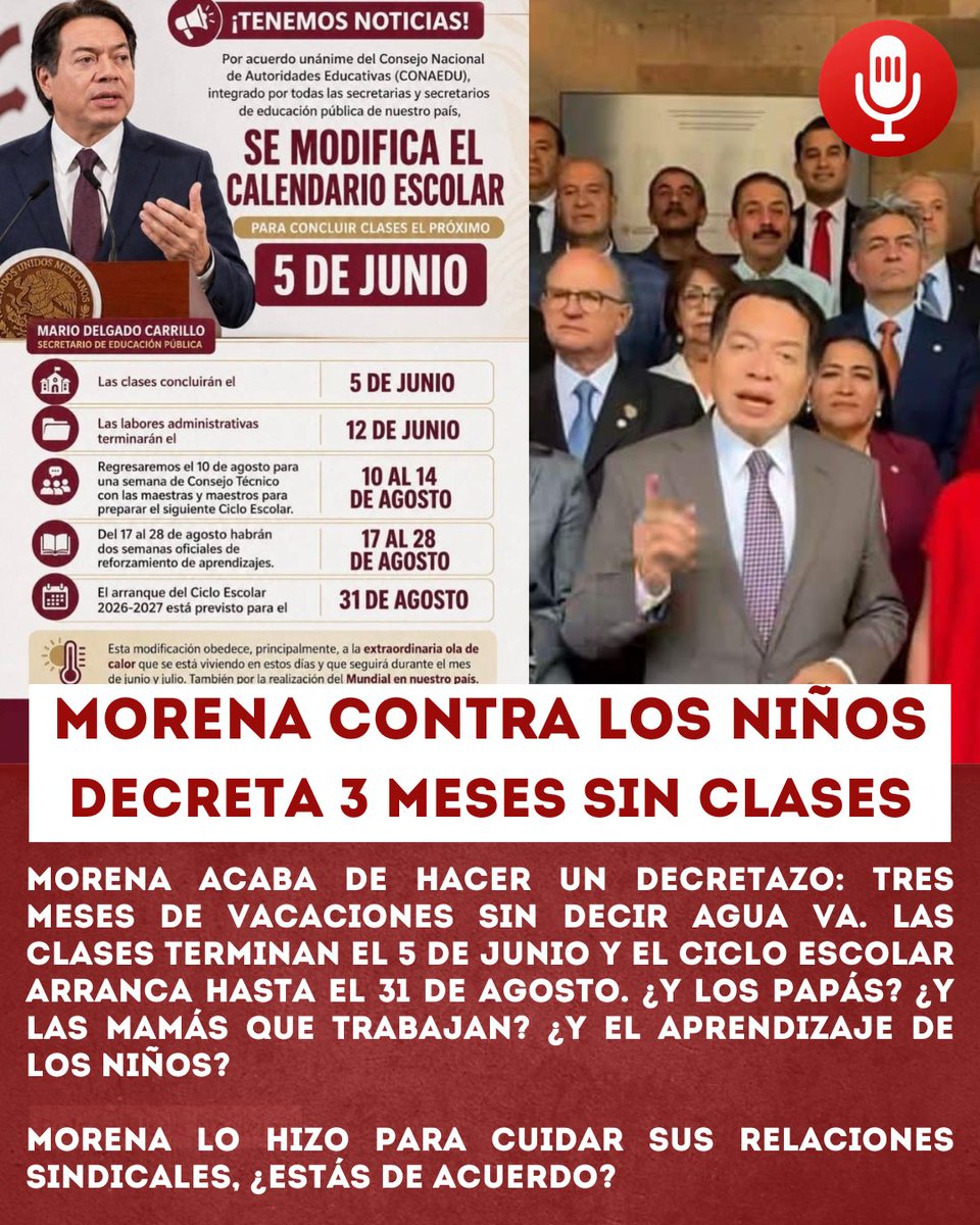 noticias_gab's tweet photo. 🔴 Morena vs las niñas y los niños: tres meses sin clases

El gobierno federal acaba de hacer un decretazo: tres meses de vacaciones sin decir agua va. 

Las clases terminan el 5 de junio y el ciclo escolar arranca hasta el 31 de agosto. ¿Y los papás? ¿Y las mamás que trabajan? ¿Y el aprendizaje de los niños?

Miren, a Morena no le importan tus hijos. 

Mejor cuida sus relaciones sindicales y quiere convencer a los profes con vacaciones largas para no entrarle de fondo al salario, a las escuelas sin condiciones y al rezago educativo.

Ellos no están pensando en las niñas y los niños. Están pensando en el costo político. 

¿Tres meses encerrados en casa? ¿Tres meses resolviendo como puedan? 

Otra vez las familias cargando las decisiones de un gobierno que no mide la vida real.