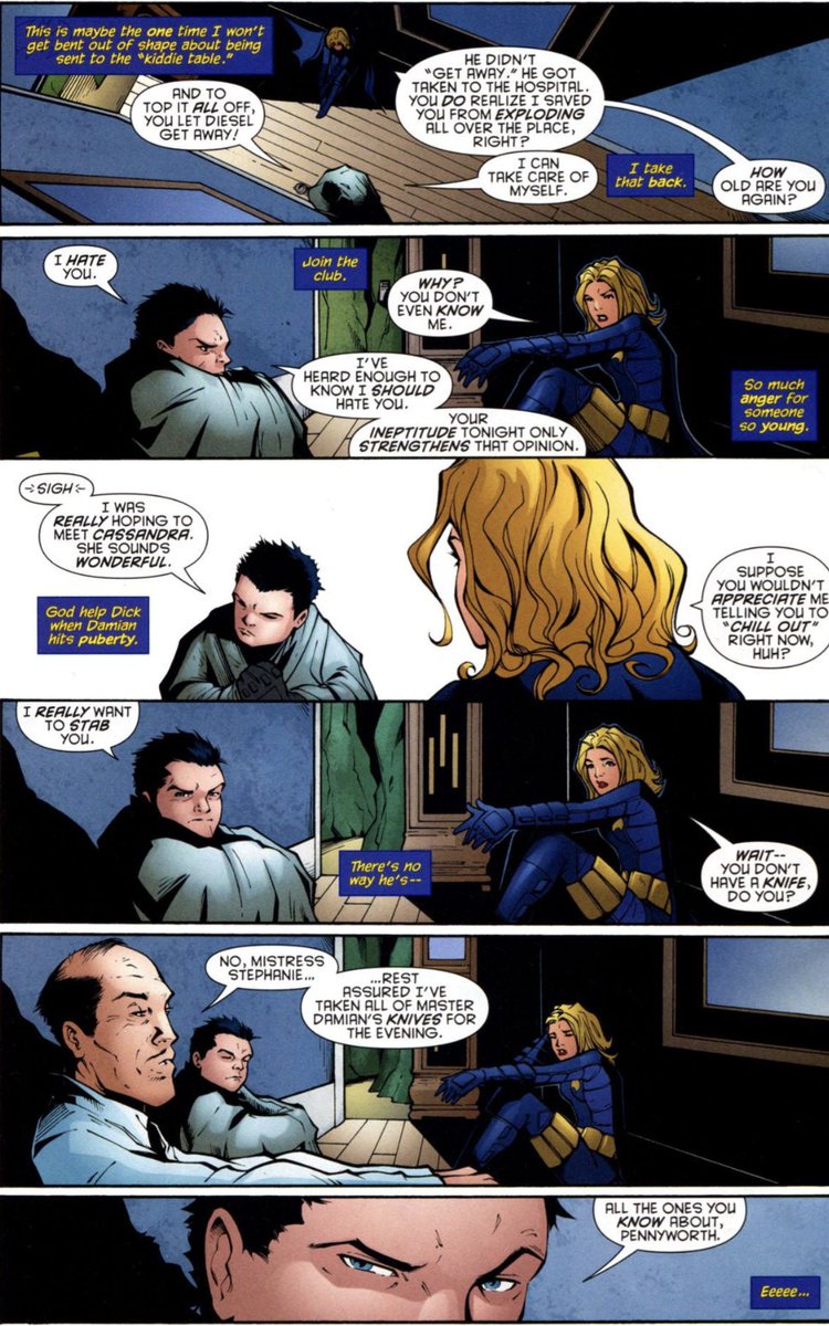 smileyoushit's tweet photo. @Geodude96 @namixlover actually steph and damian met long before damian died!! their first interaction (if i remember correctly) was either b&amp;r 2009 or batgirl 2009. the bat trio of that era was dick (batman), damian (robin) and steph (batgirl) https://t.co/aBElEp31xm