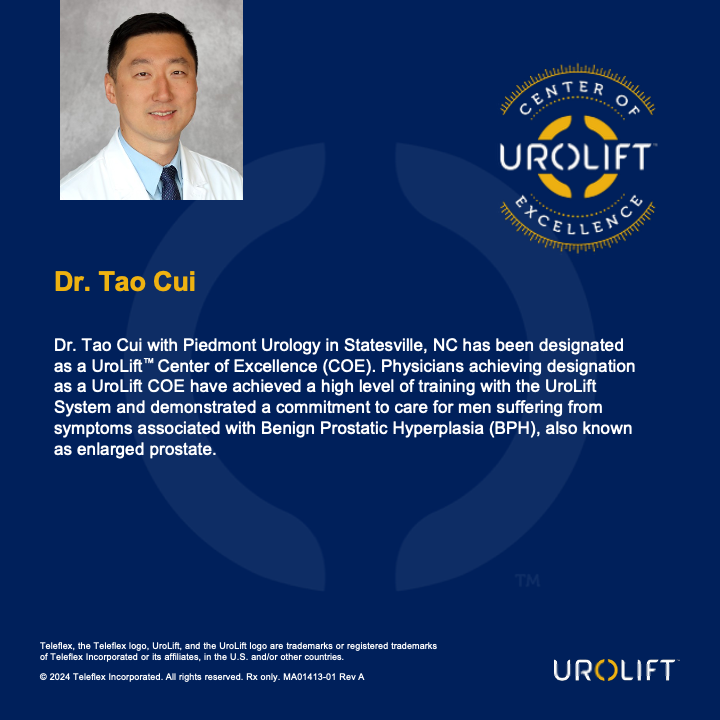 UroLift's tweet photo. We are proud to recognize Dr. Tao Cui with Piedmont Urology as a UroLift Center of Excellence! 

#UroLiftCOE #CenterofExcellence https://t.co/Xd7i6teqlc