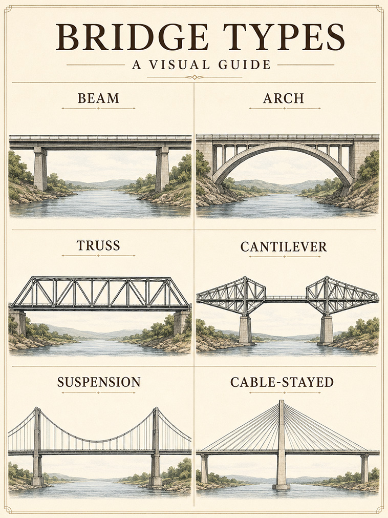 A beam bridge uses a horizontal span to transfer loads to its supports ...