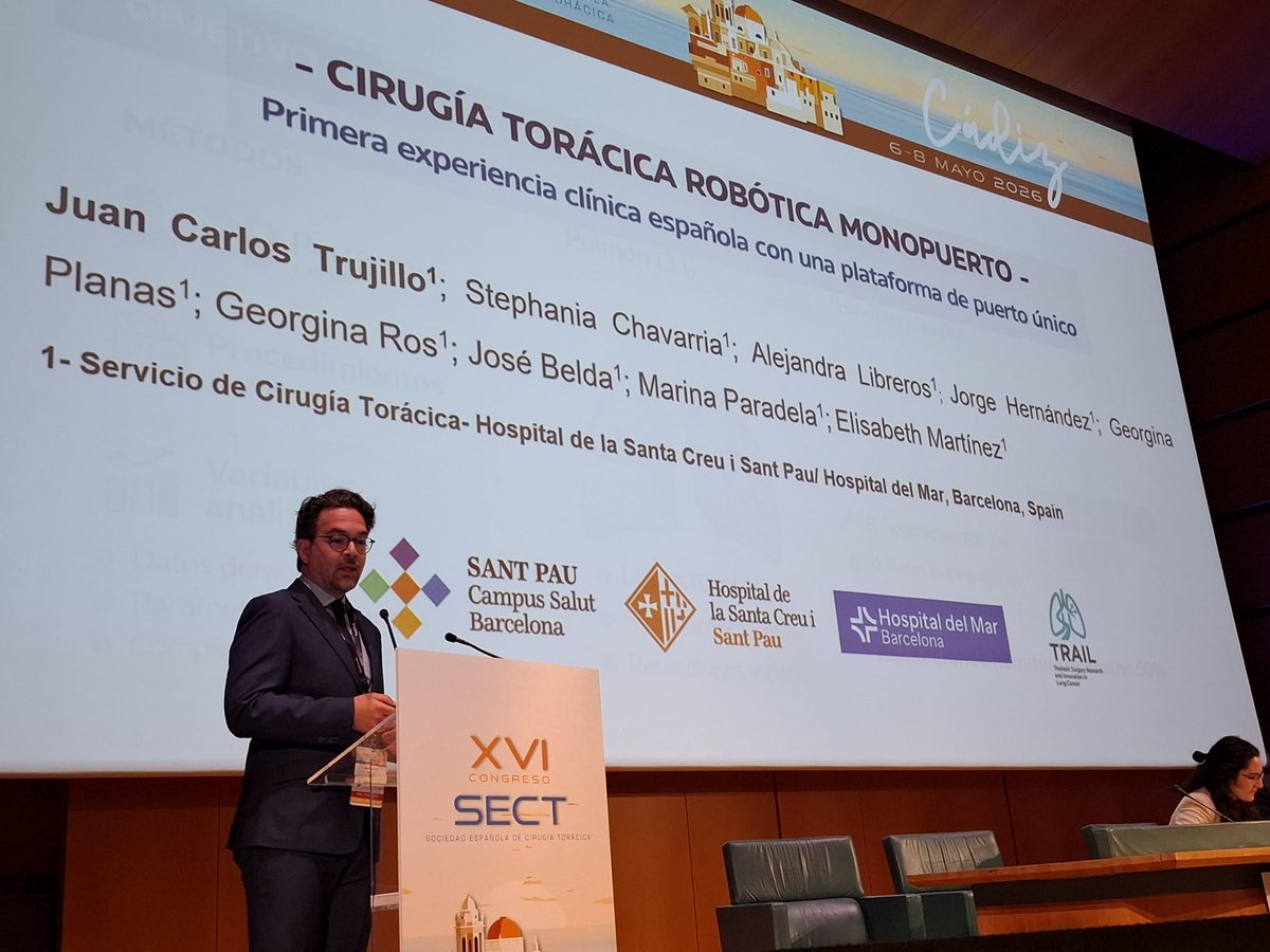 SECTtoracica's tweet photo. Primera experiencia clínica española con una plataforma de puerto único. “Uno de los puntos diferenciales es el dolor y estamos viendo estudios comparativos entre las dos plataformas multipuerto y uniportal” Dr Juan Carlos Trujillo en #SECT2026 @ToracicaSantPau @HospitalSantPau @hospitaldelmar