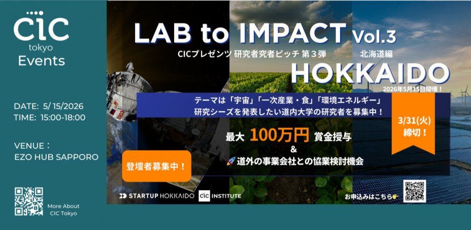 CICTokyo's tweet photo. 【北海道の研究と産業】
5月15日は、研究者ピッチ in 北海道を開催！
北海道の環境・食・一次産業・宇宙分野の研究シーズを、事業会社やVC／CVCへ発信するピッチイベントを行います。優秀者には最大100万円の賞金も授与します。
チケット：https://t.co/2xXu3s8l0x https://t.co/p8cwMZ8CPh